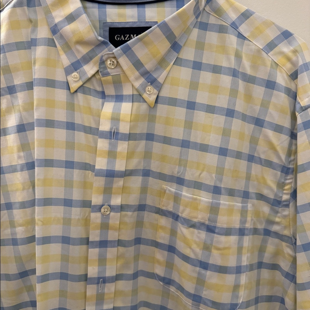 Gazman blue and yellow check sports shirt with pocket and button down collar